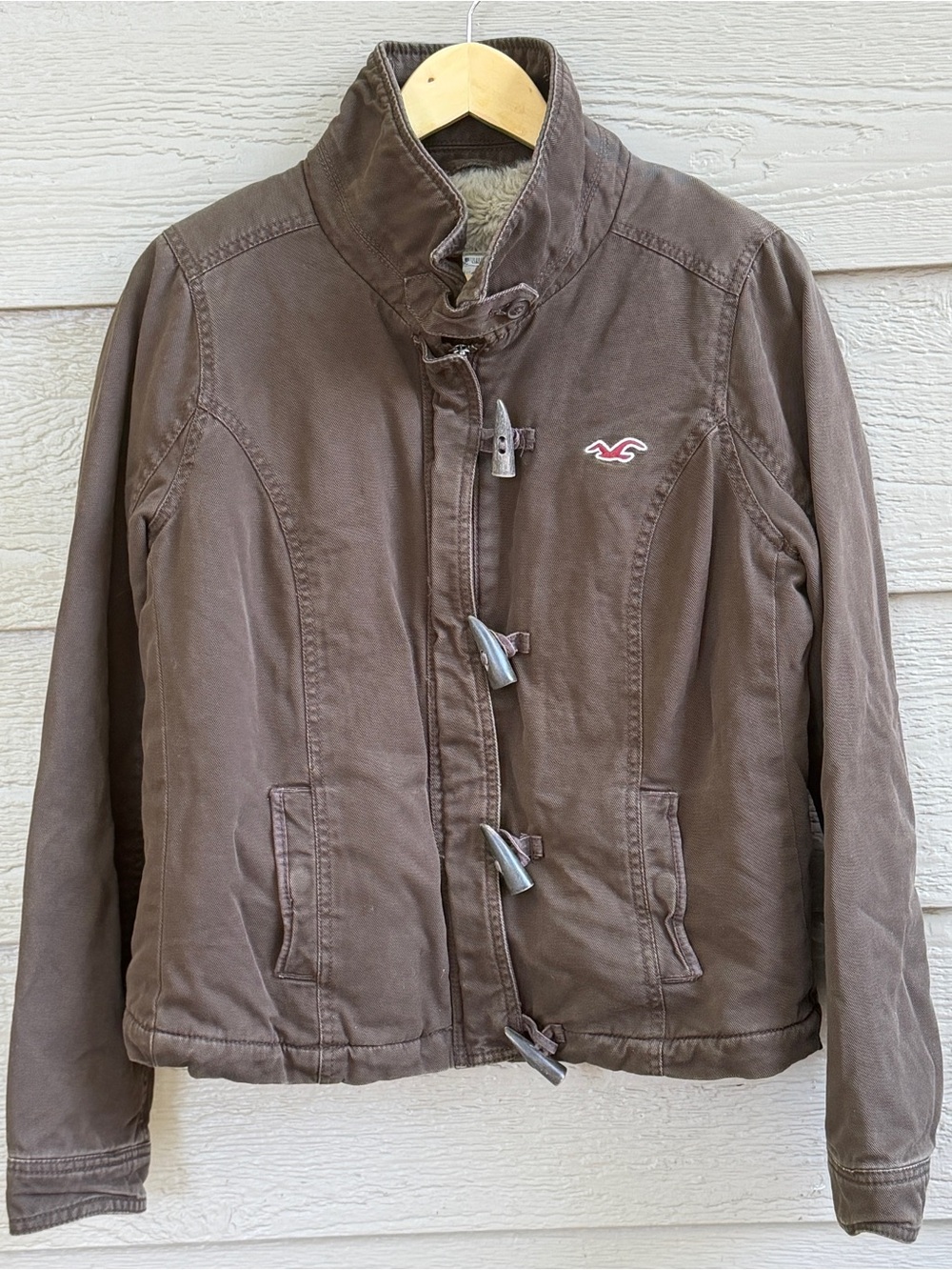 Vintage Y2K Hollister Brown Canvas Trucker Jacket L Sherpa Fleece Collar Toggle